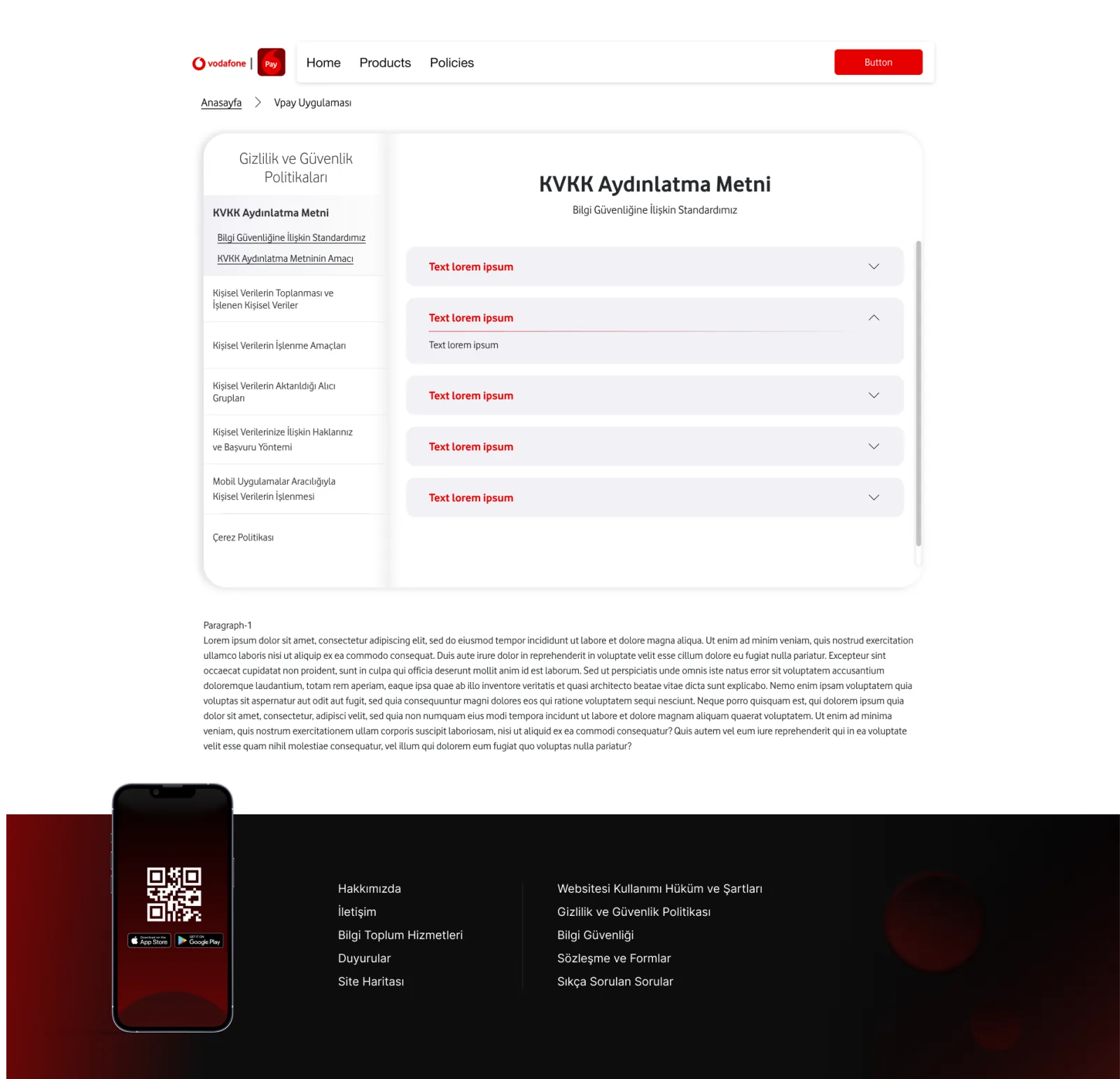 Vodafone Pay privacy / KVKK page — accordion content with anchored side navigation